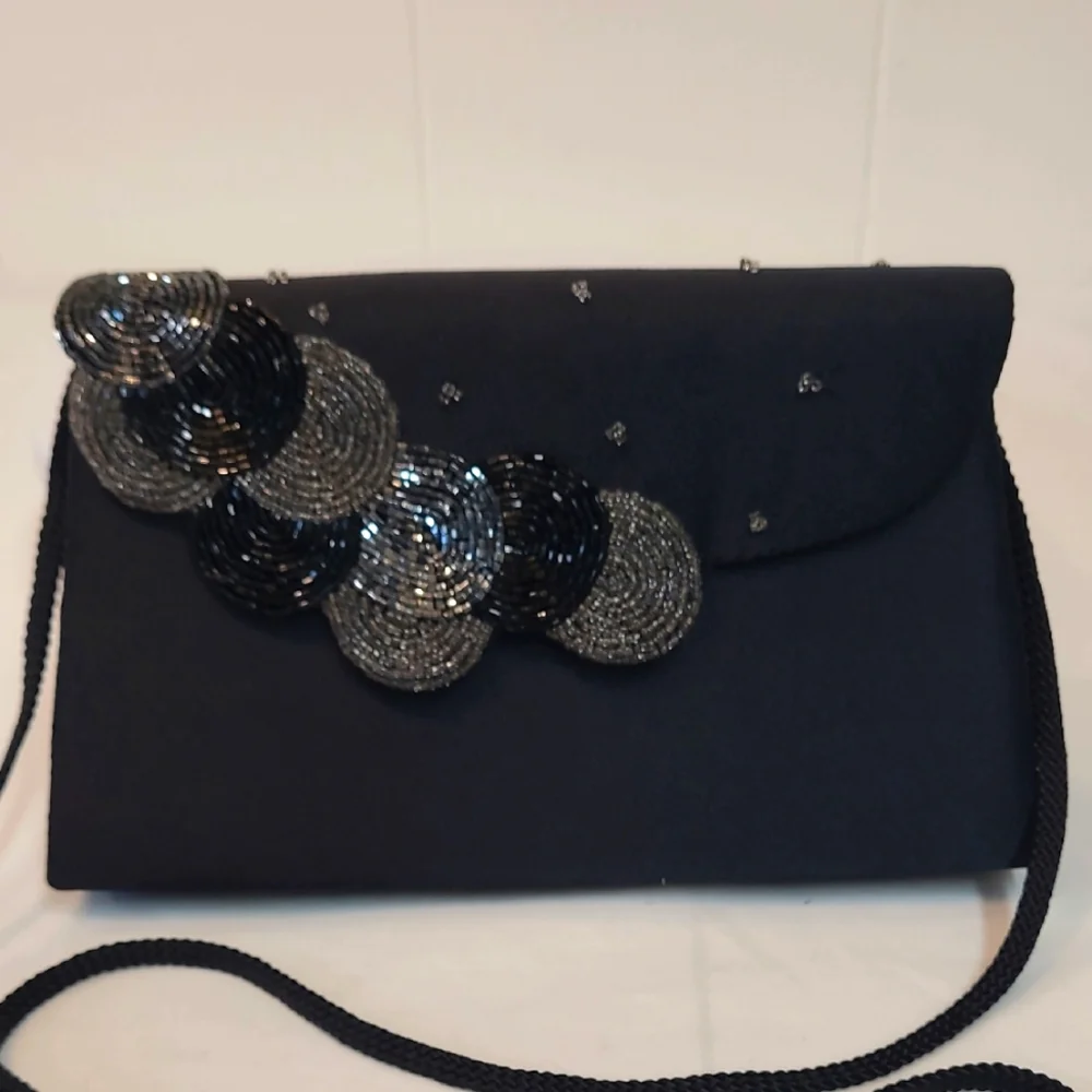 La Regale Vintage Black Satin Bag with Cord Beaded Circles - Stunning!